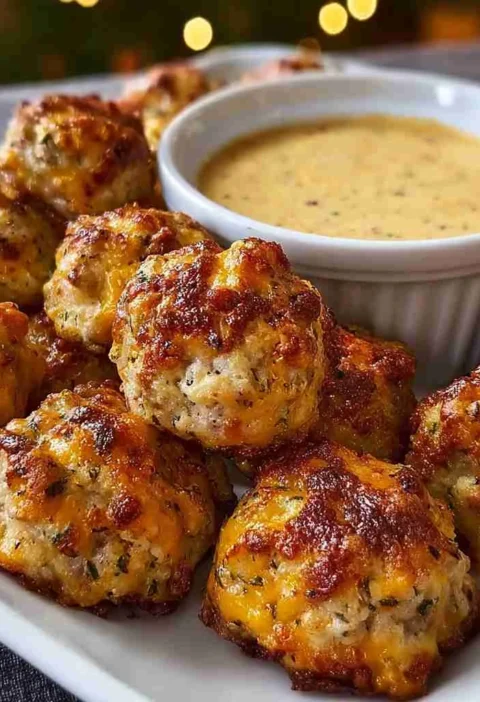Cheddar Sausage Balls Recipe Easy Cheddar Sausage Appetizer Dijon Dip For Sausage Balls Best Christmas Sausage Ball Recipe...