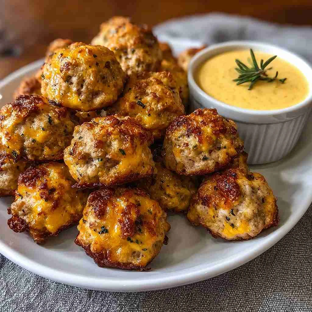 Cheddar Sausage Balls Recipe Easy Cheddar Sausage Appetizer Dijon Dip For Sausage Balls Best Christmas Sausage Ball Recipe...