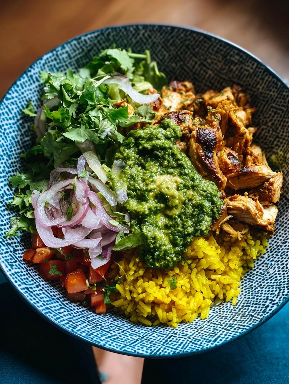 Crockpot Chicken Bowls with Yellow Rice and Cilantro Pesto