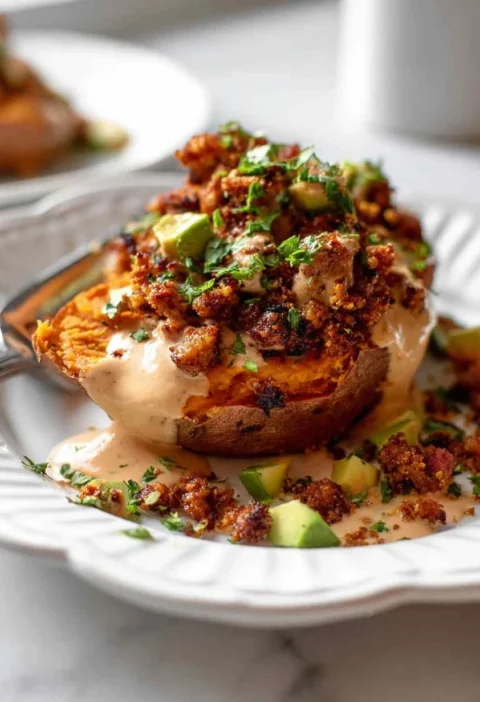 Roasted Sweet Potato Stacks Recipe Chipotle Sauce Sweet Potato Stacks Healthy Roasted Sweet Potato Stacks Vegan Sweet Pota...