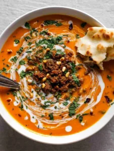 Carrot Soup with Spiced Ground Beef and Pine Nuts
