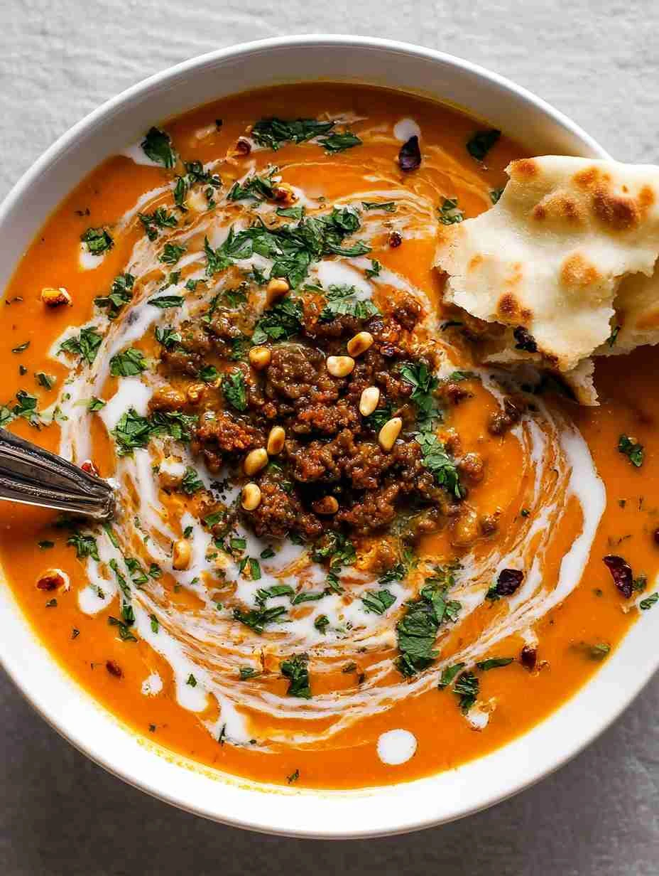Carrot Soup with Spiced Ground Beef and Pine Nuts
