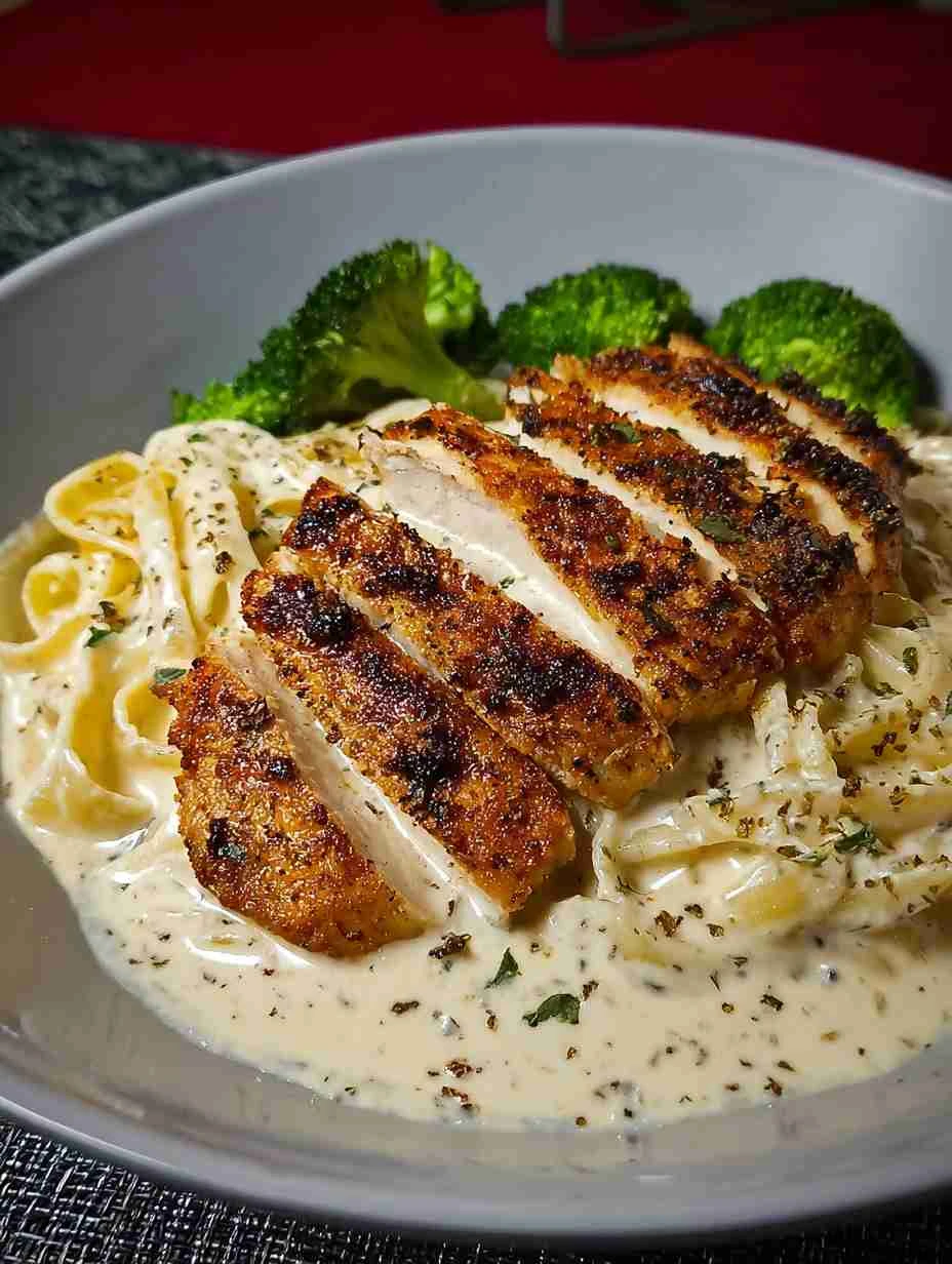 Chicken alfredo with angel hair pasta and broccoli delights!