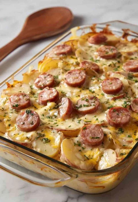 Easy Creamy Sausage Potato Bake Recipe Best Sausage Potato Casserole Homemade Sausage Potato Bake Healthy Creamy Sausage P...