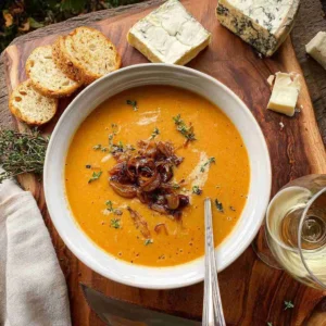 Fall Harvest Hard Cider Soup with Smoked Cheddar and Brie