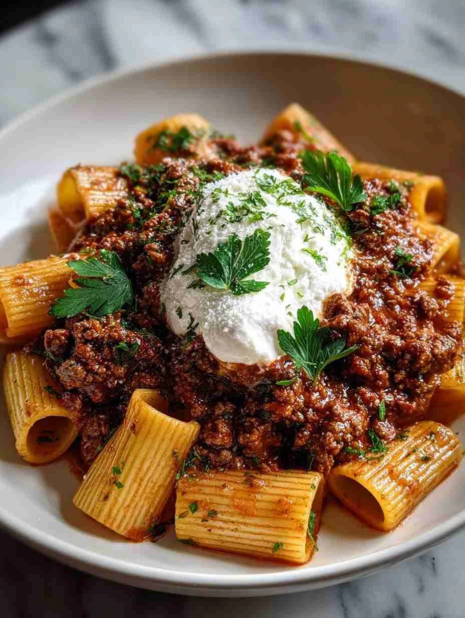 Grandma’s Meat Sauce Pasta with Burrata Recipe