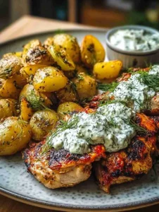 Spicy Yogurt Marinated Chicken with Dill Feta Cream & Crispy Potatoes