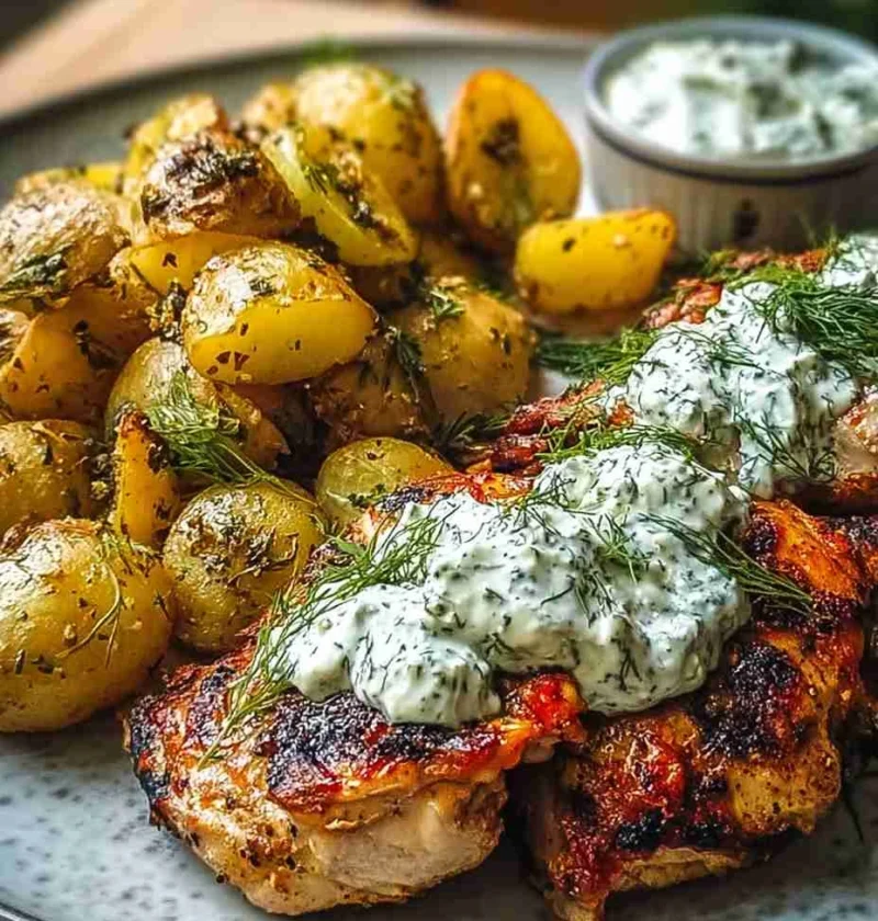Spicy Yogurt Marinated Chicken With Dill Feta Cream & Crispy Potatoes Spicy Yogurt Marinated Chicken Dill Feta Cream