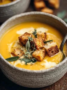 Vegan Butternut Squash Apple Soup with Crunchy Sourdough Croutons
