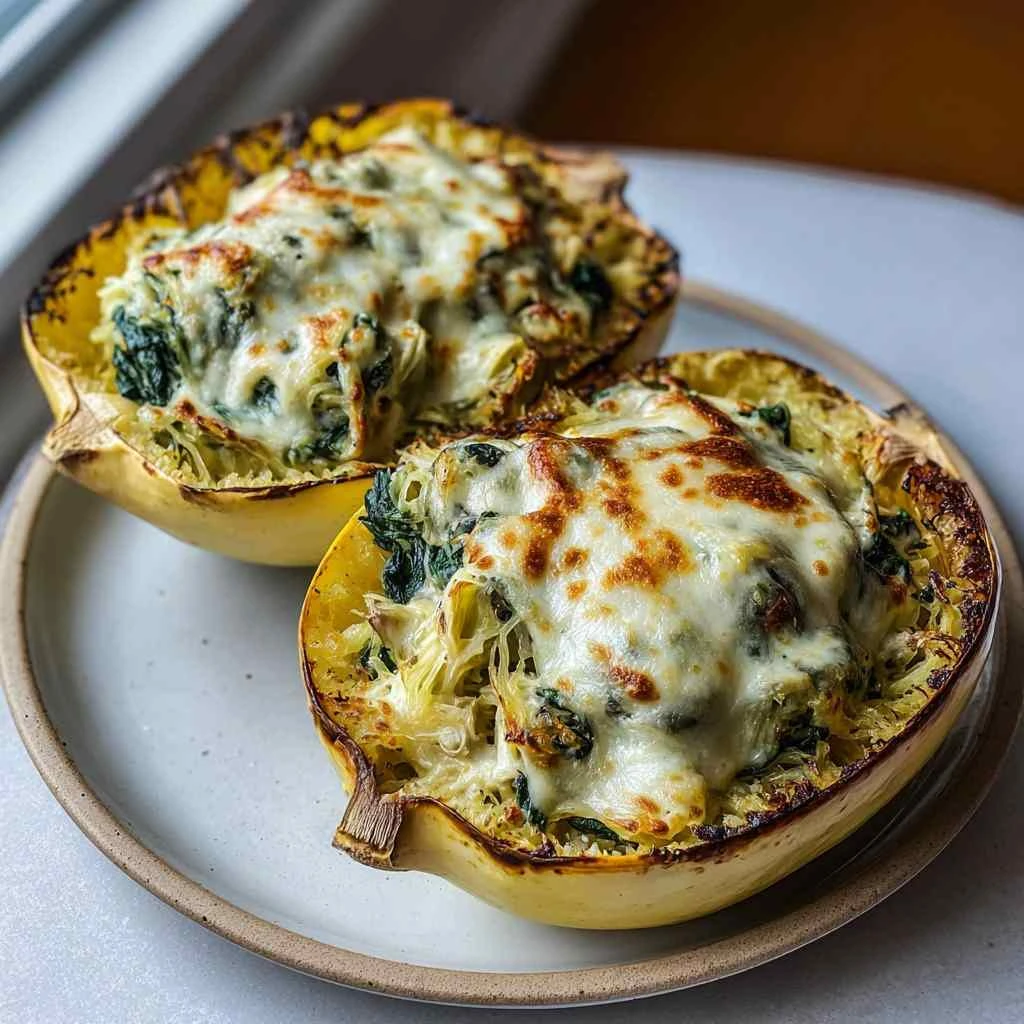 Cheesy Spinach Artichoke Spaghetti Squash