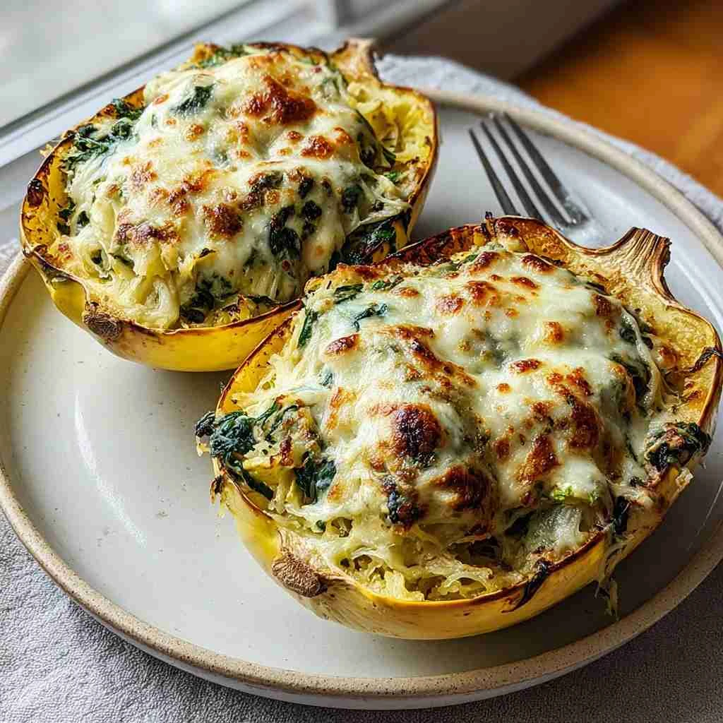 Cheesy Spinach Artichoke Spaghetti Squash