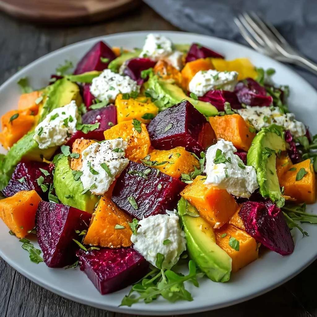 Delicious Roasted Beet Sweet Potato Avocado Salad Delight