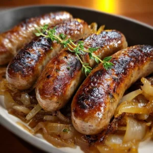 Oven Braised Beer Brats with Caramelized Onions