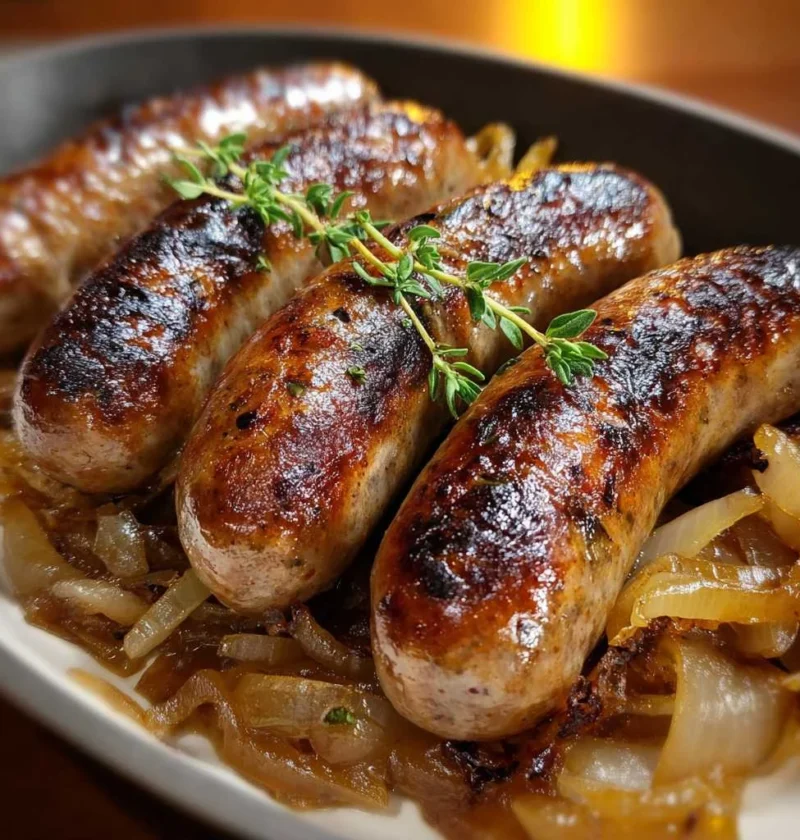Oven Braised Beer Brats Caramelized Onions