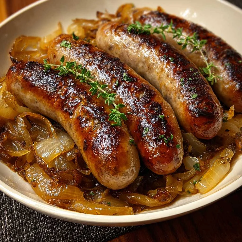 Oven Braised Beer Brats Caramelized Onions