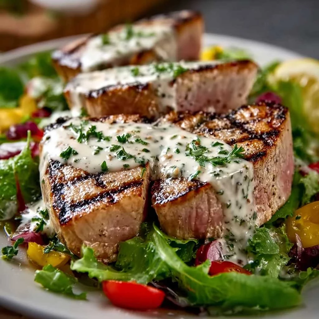 Tuna Steaks with Creamy Garlic Sauce & Fresh Salad Delight Recipe