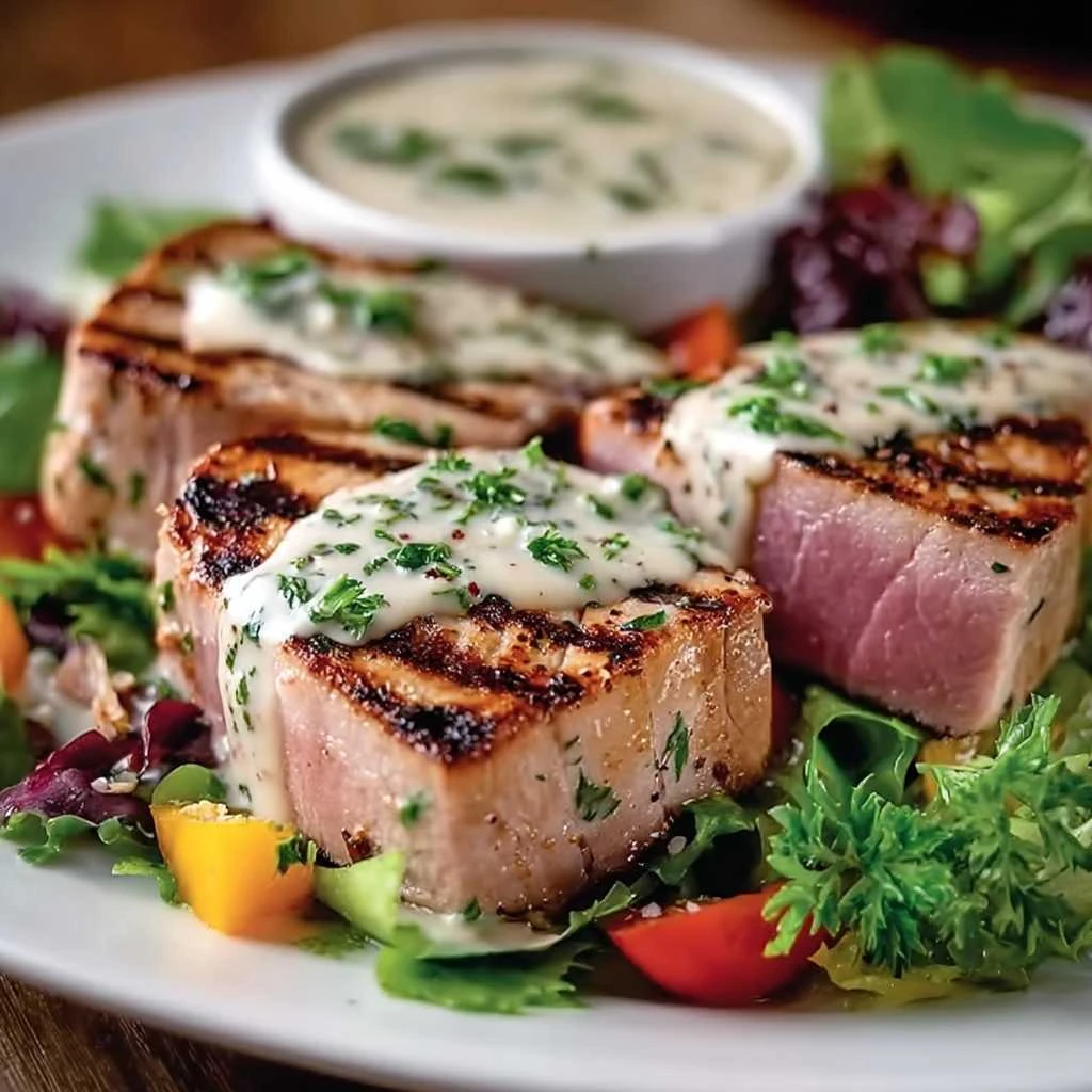 Tuna Steaks Creamy Garlic Sauce Fresh Salad Delight