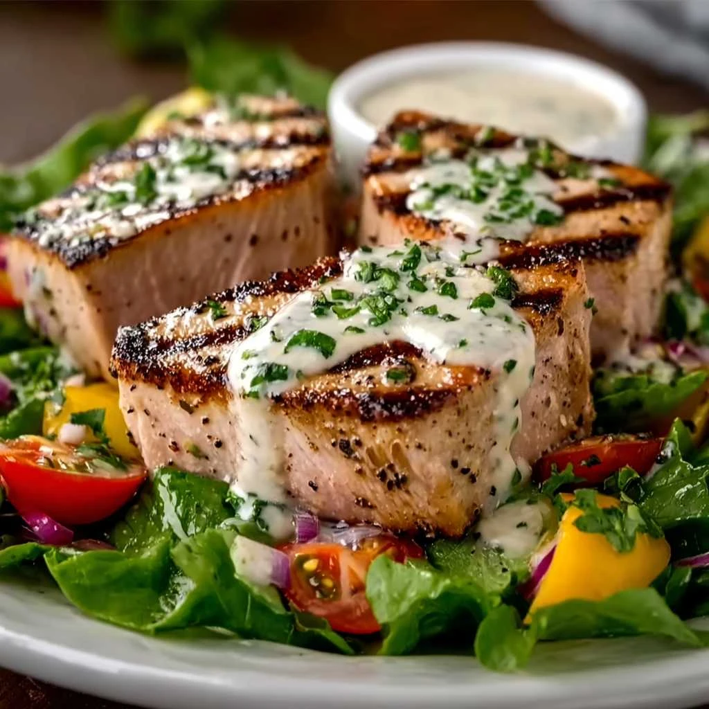 Tuna Steaks Creamy Garlic Sauce Fresh Salad Delight