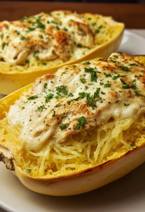 High Protein Chicken Alfredo Spaghetti Squash