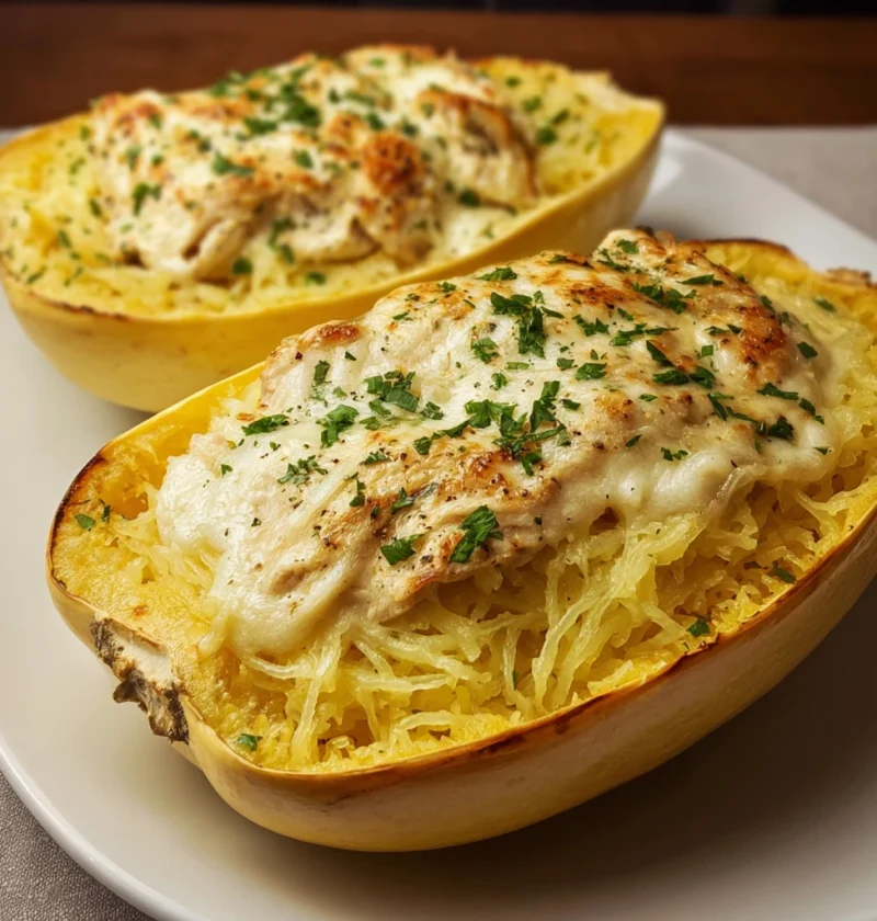 High Protein Chicken Alfredo Spaghetti Squash