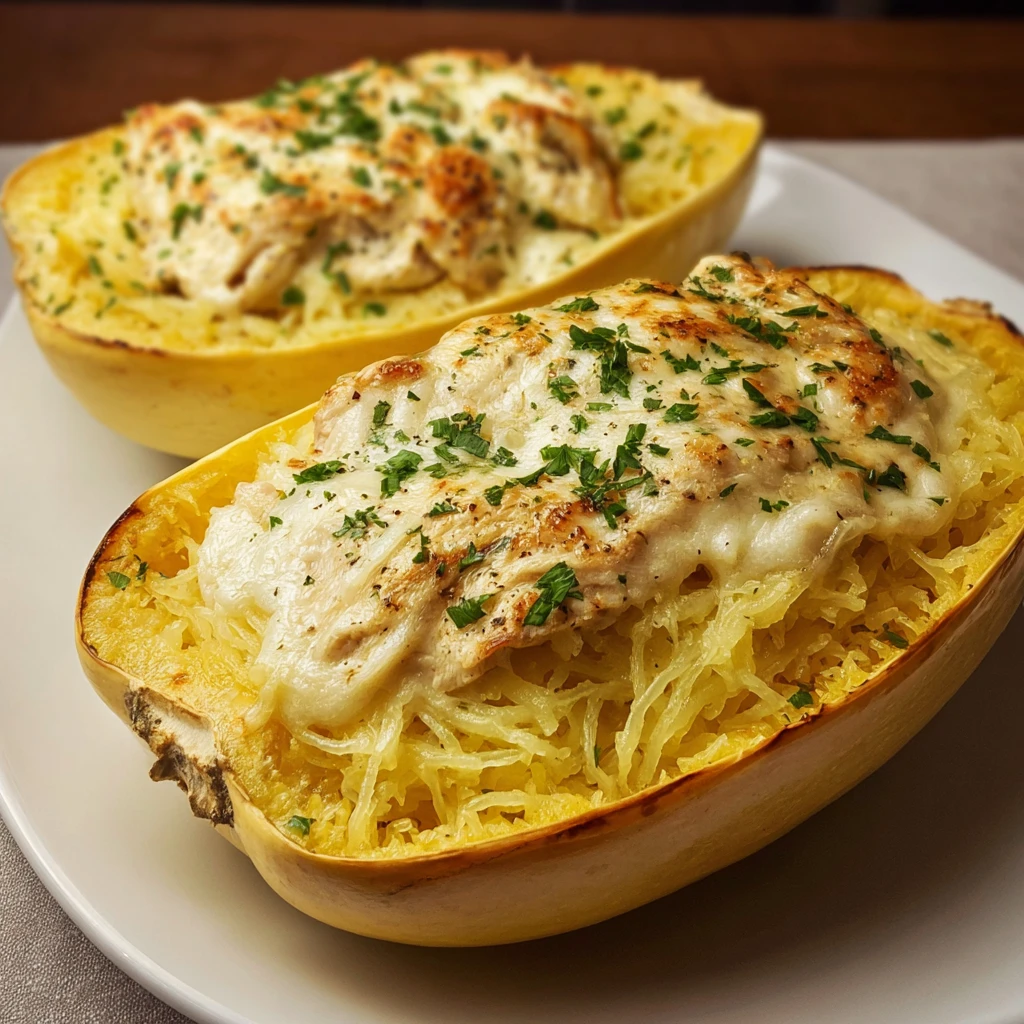 High Protein Chicken Alfredo Spaghetti Squash