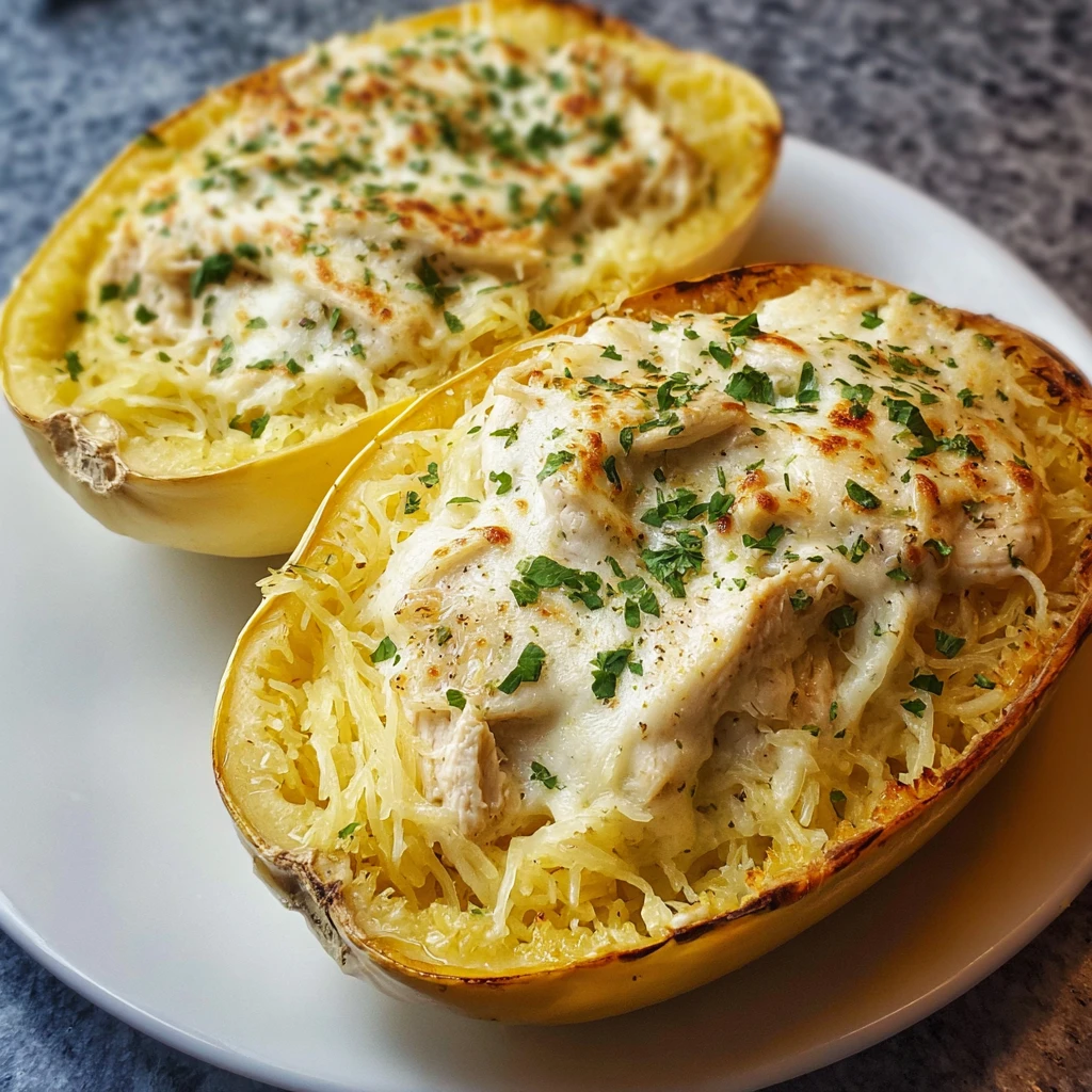 High Protein Chicken Alfredo Spaghetti Squash