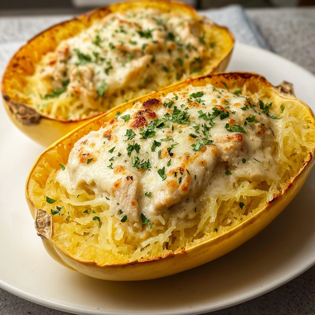 High Protein Chicken Alfredo Spaghetti Squash