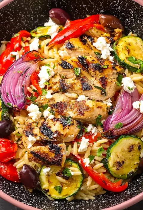 High Protein Greek Chicken Orzo Roasted Veg
