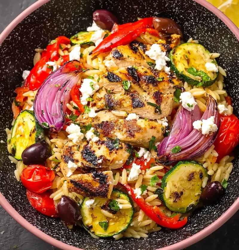 High Protein Greek Chicken Orzo Roasted Veg