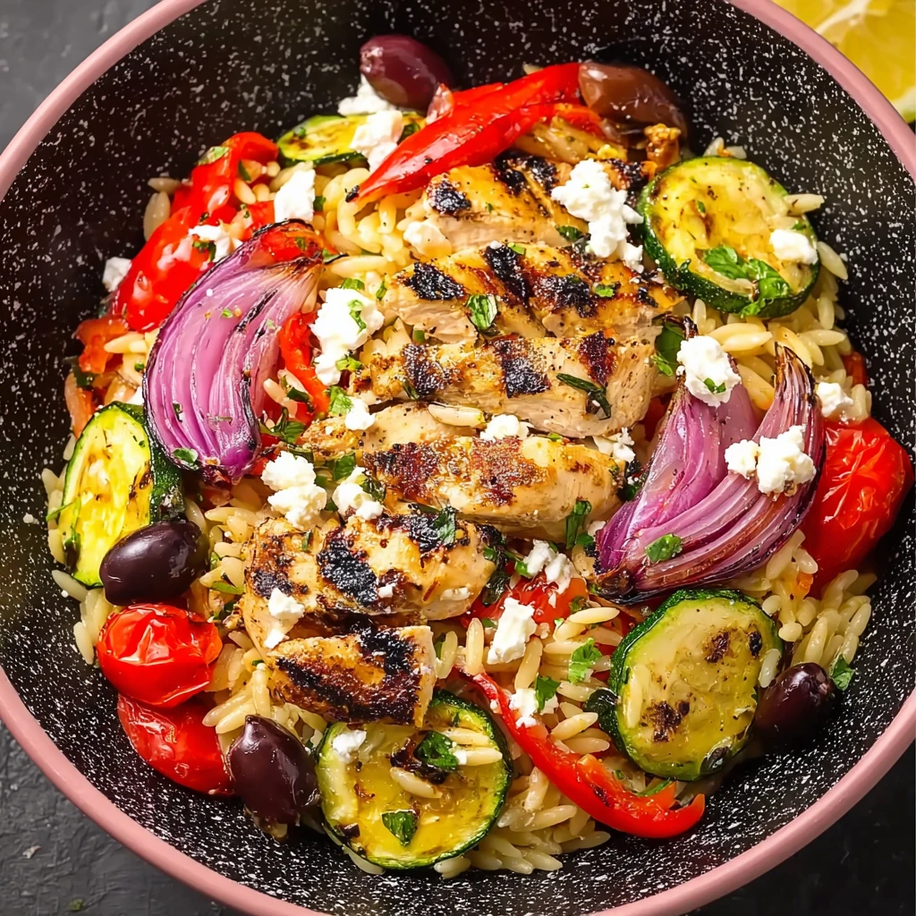 High Protein Greek Chicken Orzo with Roasted Veg