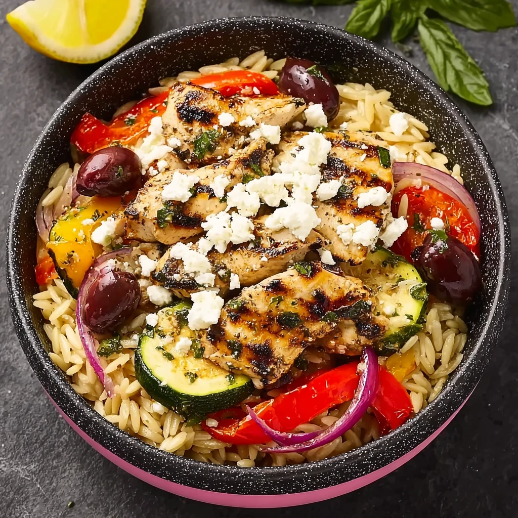 High Protein Greek Chicken Orzo Roasted Veg
