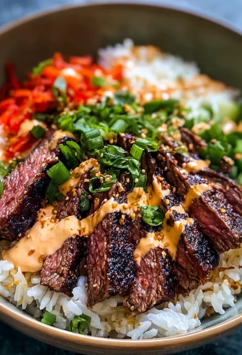 Korean Bbq Steak Rice Bowls Spicy Cream Sauce