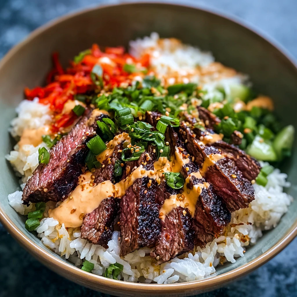 Korean BBQ Steak Rice Bowls with Spicy Cream Sauce