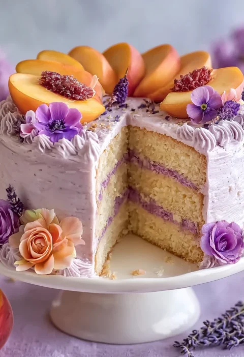 Lavender Peach Dream Cake Slice Floral Bliss