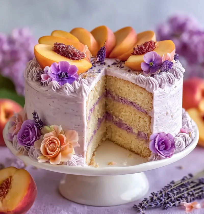 Lavender Peach Dream Cake Slice Floral Bliss