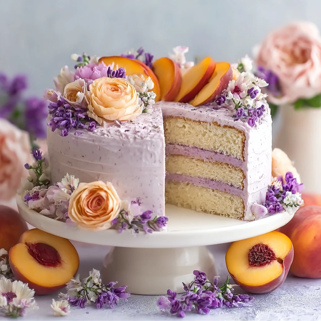 Lavender Peach Dream Cake Slice Floral Bliss