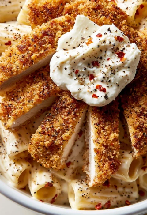 Crispy Chicken Cutlets with Cacio e Pepe Rigatoni