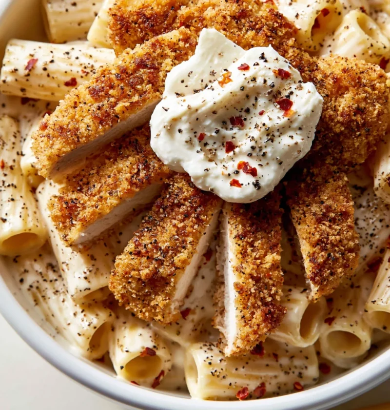 Crispy Chicken Cutlets with Cacio e Pepe Rigatoni
