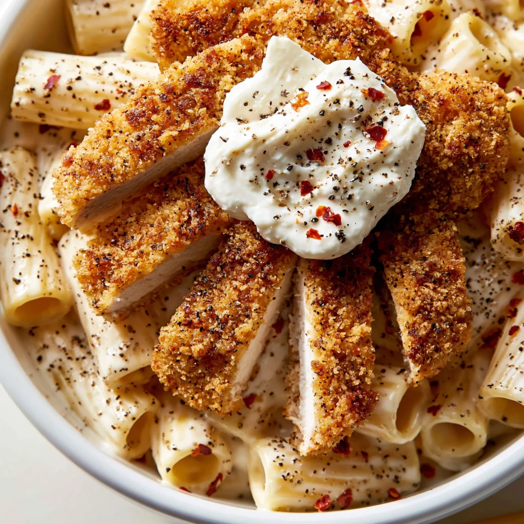 Crispy Chicken Cutlets with Cacio e Pepe Rigatoni