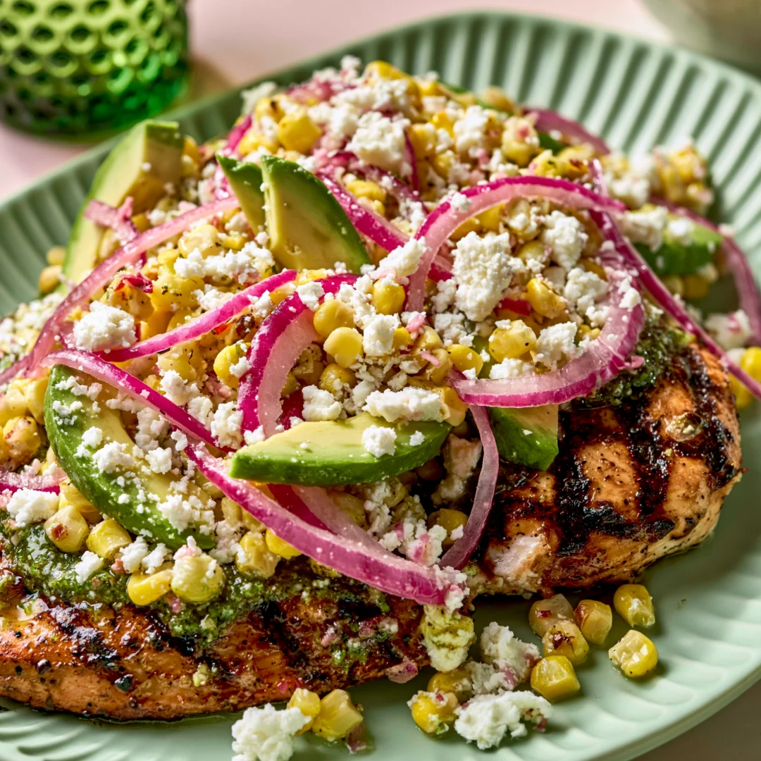 Grilled Chicken with Avocado, Corn and Feta Salad