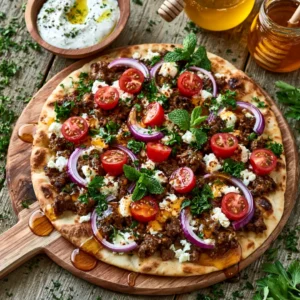 Ground Beef Flatbread with Garlic Hot Honey Feta Cream