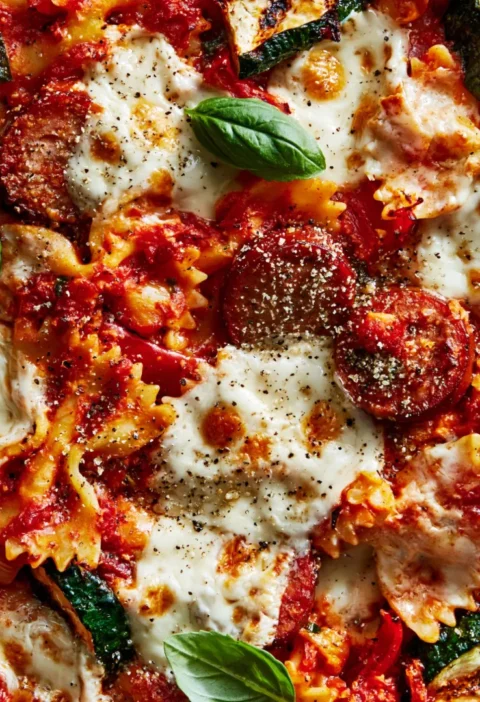 Summer Bowtie Pasta and Chicken Skillet Bake
