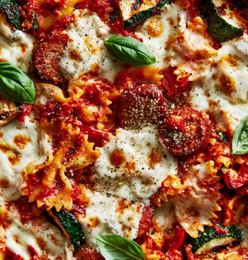 Summer Bowtie Pasta and Chicken Skillet Bake