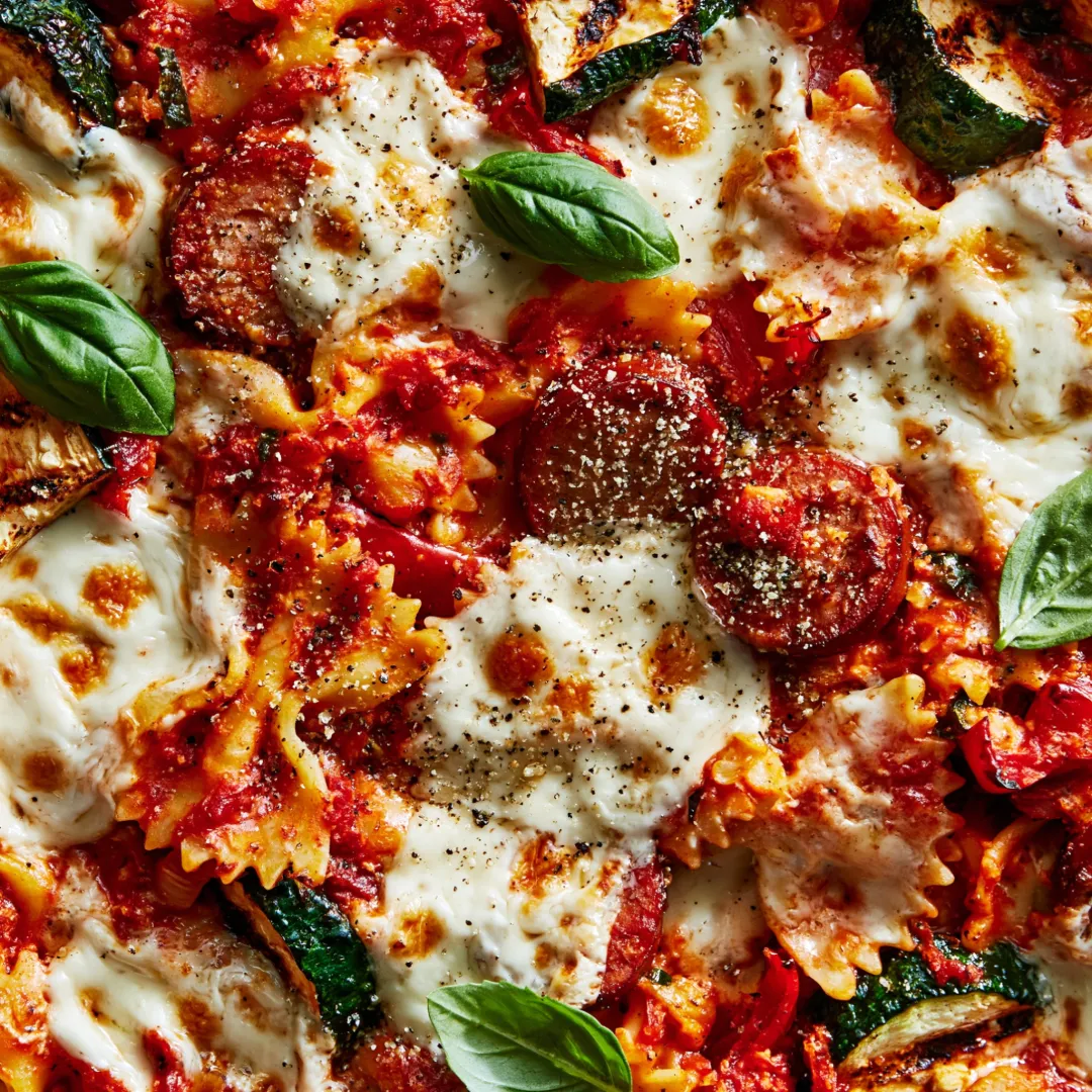 Summer Bowtie Pasta and Chicken Skillet Bake