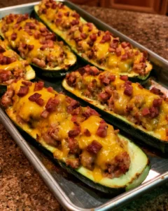 Bacon Cheddar Stuffed Zucchini Boats