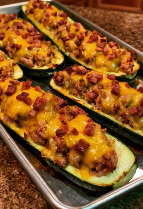 Bacon Cheddar Stuffed Zucchini Boats