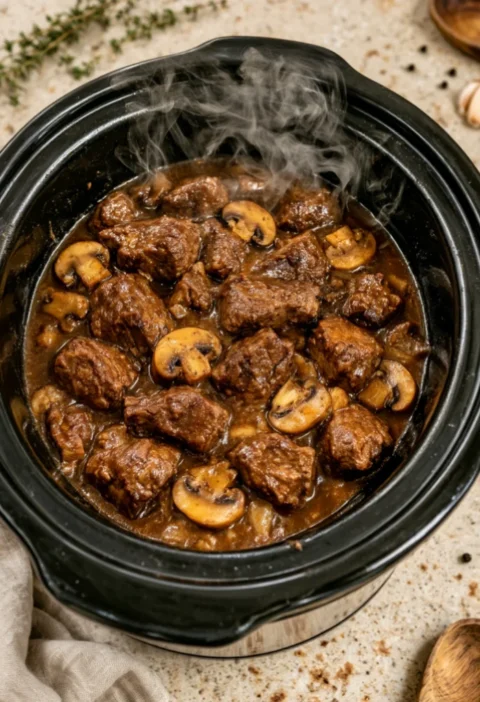 Grandmother’s Slow Cooker Beef Tips with Mushroom Gravy