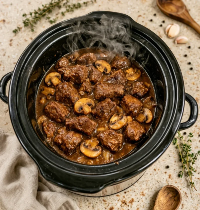 Grandmother’s Slow Cooker Beef Tips with Mushroom Gravy